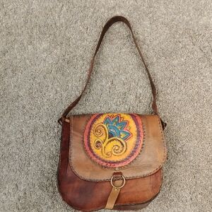 Artisan Brown Leather Shoulder Bag with Colorful Design
